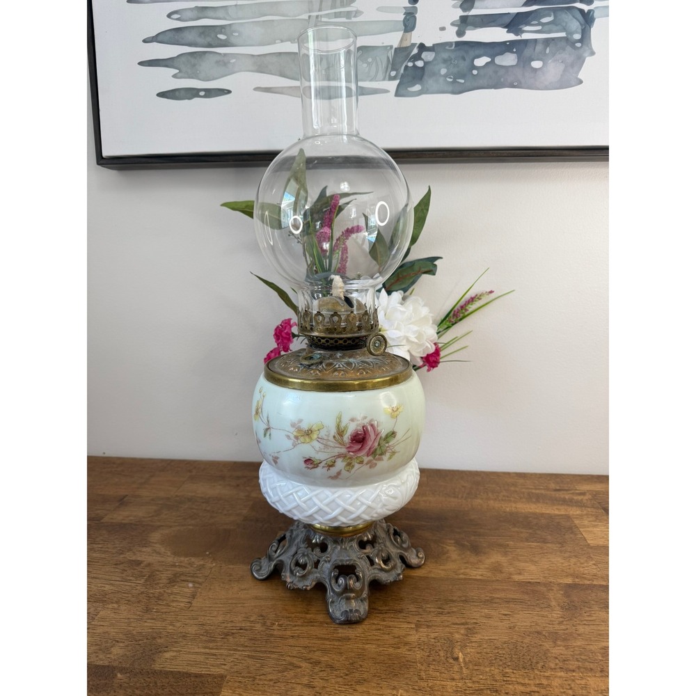 Antique Edward Miller Oil Lamp Solar E.M. & Co Milk Glass Hand Painted Roses